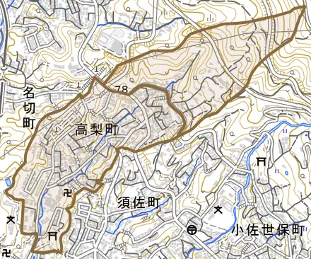 高梨町とその周辺の地図。町の範囲を重ねている