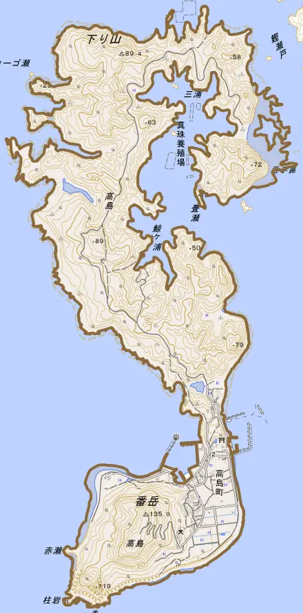 高島町とその周辺の地図。町の範囲を重ねている