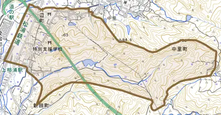 竹辺町とその周辺の地図。町の範囲を重ねている
