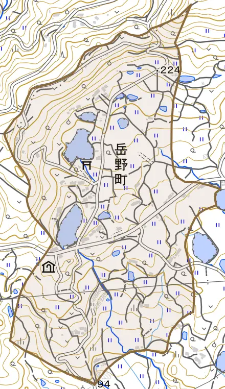 岳野町とその周辺の地図。町の範囲を重ねている