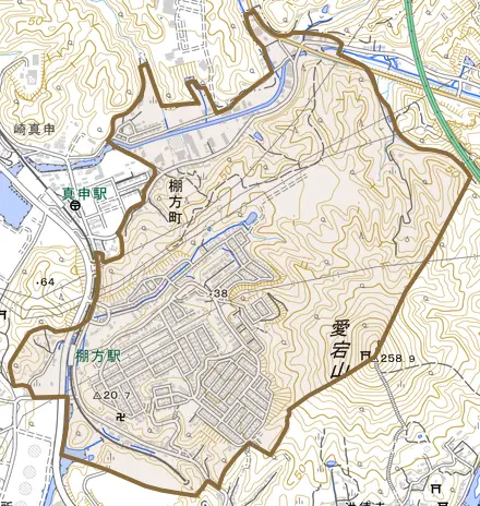棚方町とその周辺の地図。町の範囲を重ねている