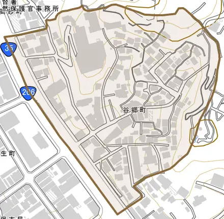 谷郷町とその周辺の地図。町の範囲を重ねている