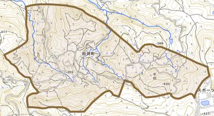 田代町とその周辺の地図。町の範囲を重ねている