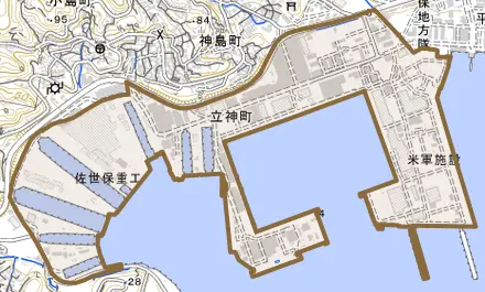 立神町とその周辺の地図。町の範囲を重ねている