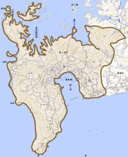 俵ケ浦町とその周辺の地図。町の範囲を重ねている