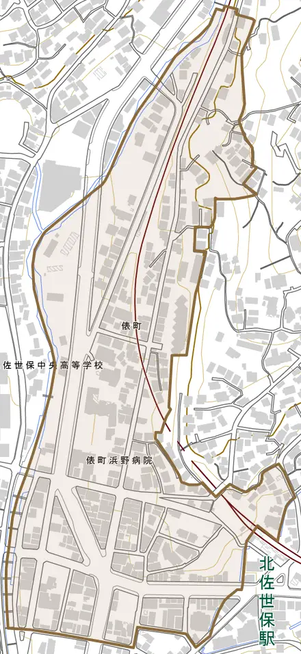 俵町とその周辺の地図。町の範囲を重ねている