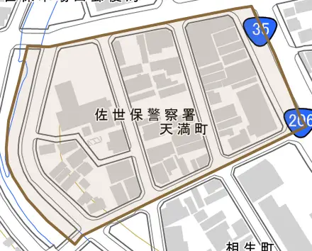 天満町とその周辺の地図。町の範囲を重ねている