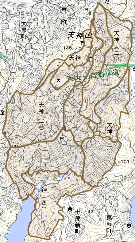 天神とその周辺の地図。町の範囲を重ねている