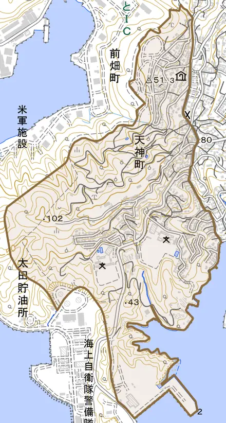 天神町とその周辺の地図。町の範囲を重ねている