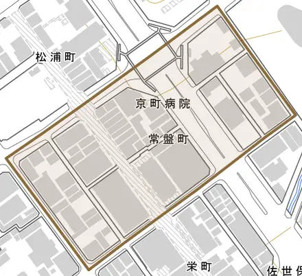 常盤町とその周辺の地図。町の範囲を重ねている