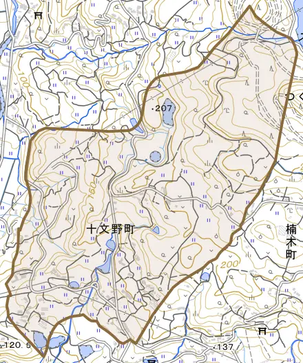 十文野町とその周辺の地図。町の範囲を重ねている