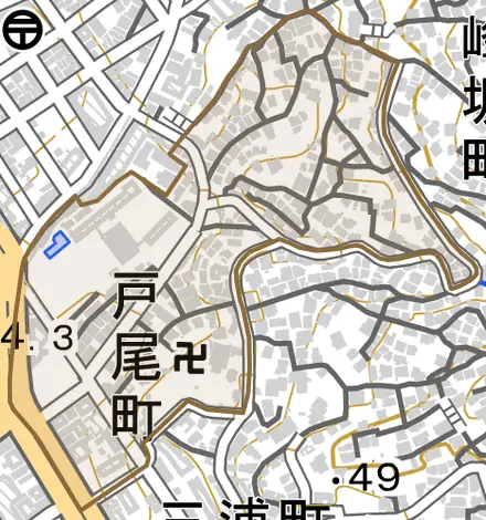 戸尾町とその周辺の地図。町の範囲を重ねている
