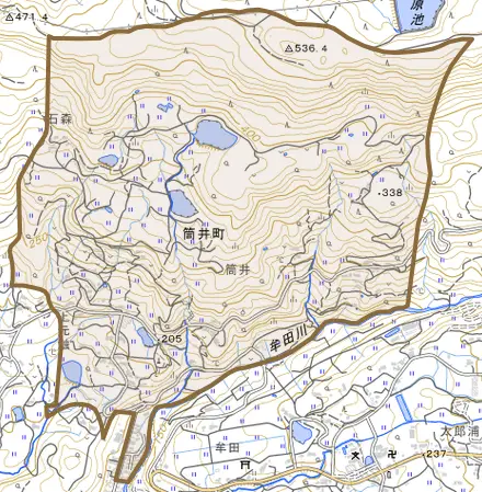 筒井町とその周辺の地図。町の範囲を重ねている