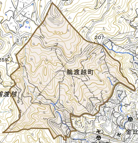 鵜渡越町とその周辺の地図。町の範囲を重ねている
