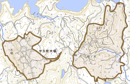 宇久町木場とその周辺の地図。町の範囲を重ねている