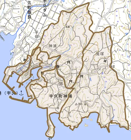 宇久町神浦とその周辺の地図。町の範囲を重ねている