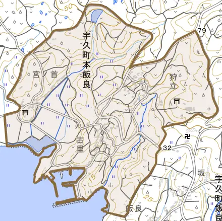 宇久町本飯良とその周辺の地図。町の範囲を重ねている