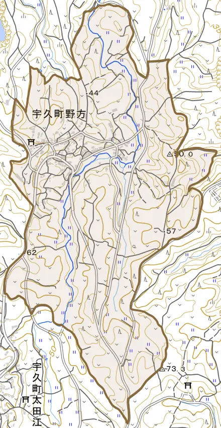 宇久町野方とその周辺の地図。町の範囲を重ねている