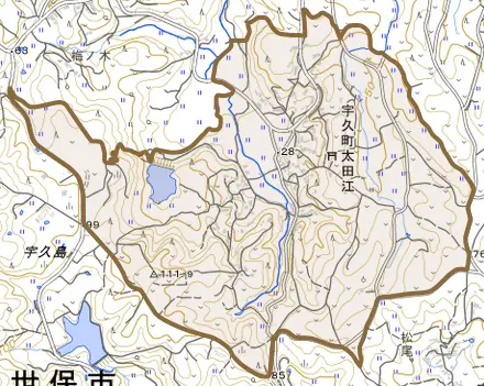 宇久町太田江とその周辺の地図。町の範囲を重ねている
