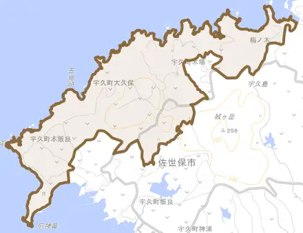 宇久町大久保とその周辺の地図。町の範囲を重ねている