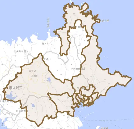 宇久町平とその周辺の地図。町の範囲を重ねている