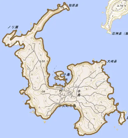 宇久町寺島とその周辺の地図。町の範囲を重ねている