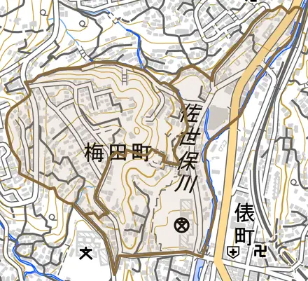 梅田町とその周辺の地図。町の範囲を重ねている