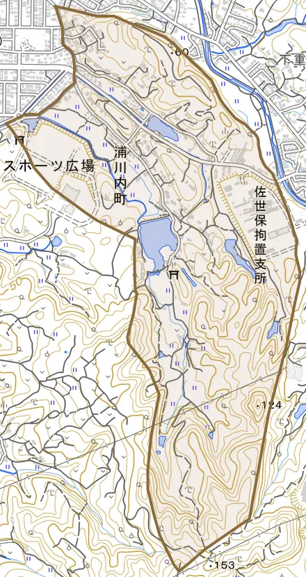 浦川内町とその周辺の地図。町の範囲を重ねている