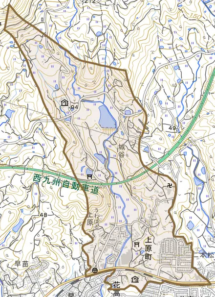 上原町とその周辺の地図。町の範囲を重ねている