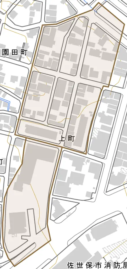 上町とその周辺の地図。町の範囲を重ねている