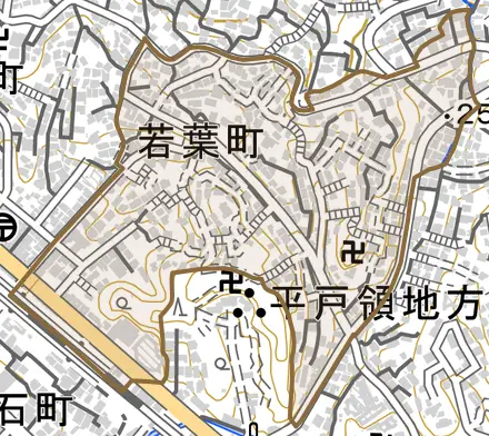 若葉町とその周辺の地図。町の範囲を重ねている