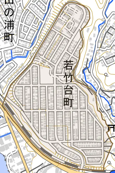 若竹台町とその周辺の地図。町の範囲を重ねている