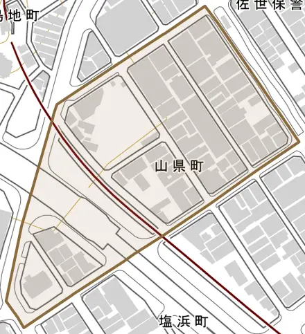 山県町とその周辺の地図。町の範囲を重ねている