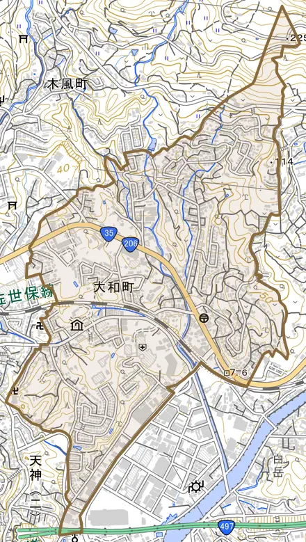 大和町とその周辺の地図。町の範囲を重ねている