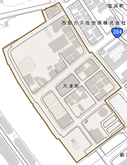 万津町とその周辺の地図。町の範囲を重ねている