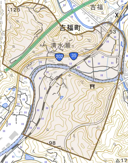 吉福町とその周辺の地図。町の範囲を重ねている
