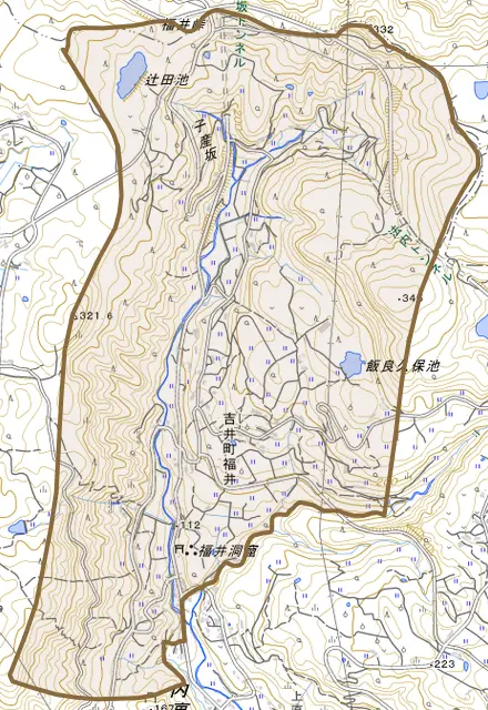 吉井町福井とその周辺の地図。町の範囲を重ねている