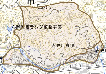 吉井町春明とその周辺の地図。町の範囲を重ねている