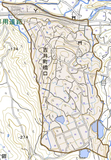 吉井町橋口とその周辺の地図。町の範囲を重ねている