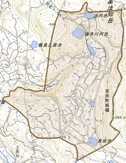 吉井町板樋とその周辺の地図。町の範囲を重ねている