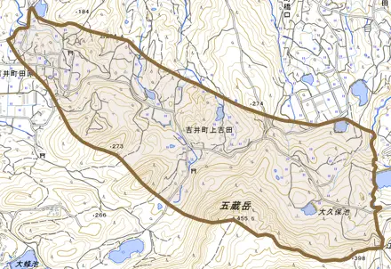 吉井町上吉田とその周辺の地図。町の範囲を重ねている
