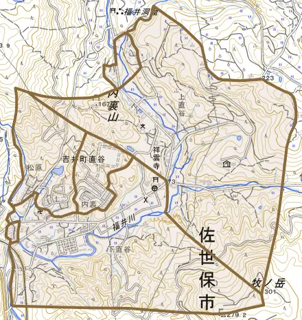 吉井町直谷とその周辺の地図。町の範囲を重ねている