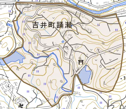 吉井町踊瀬とその周辺の地図。町の範囲を重ねている