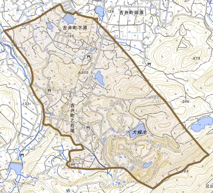吉井町乙石尾とその周辺の地図。町の範囲を重ねている