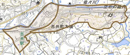 吉井町大渡とその周辺の地図。町の範囲を重ねている