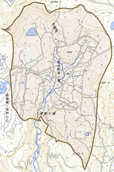 吉井町草ノ尾とその周辺の地図。町の範囲を重ねている