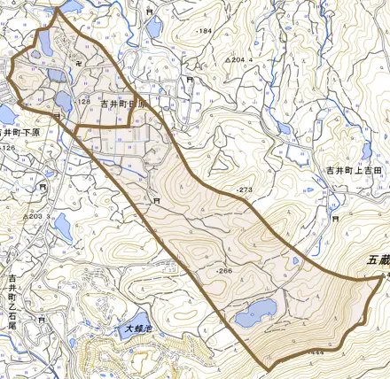 吉井町田原とその周辺の地図。町の範囲を重ねている