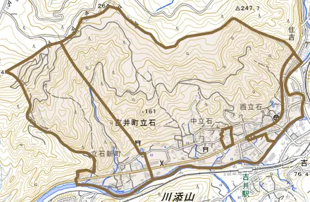 吉井町立石とその周辺の地図。町の範囲を重ねている