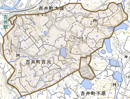 吉井町吉元とその周辺の地図。町の範囲を重ねている