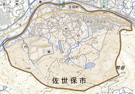 吉岡町とその周辺の地図。町の範囲を重ねている